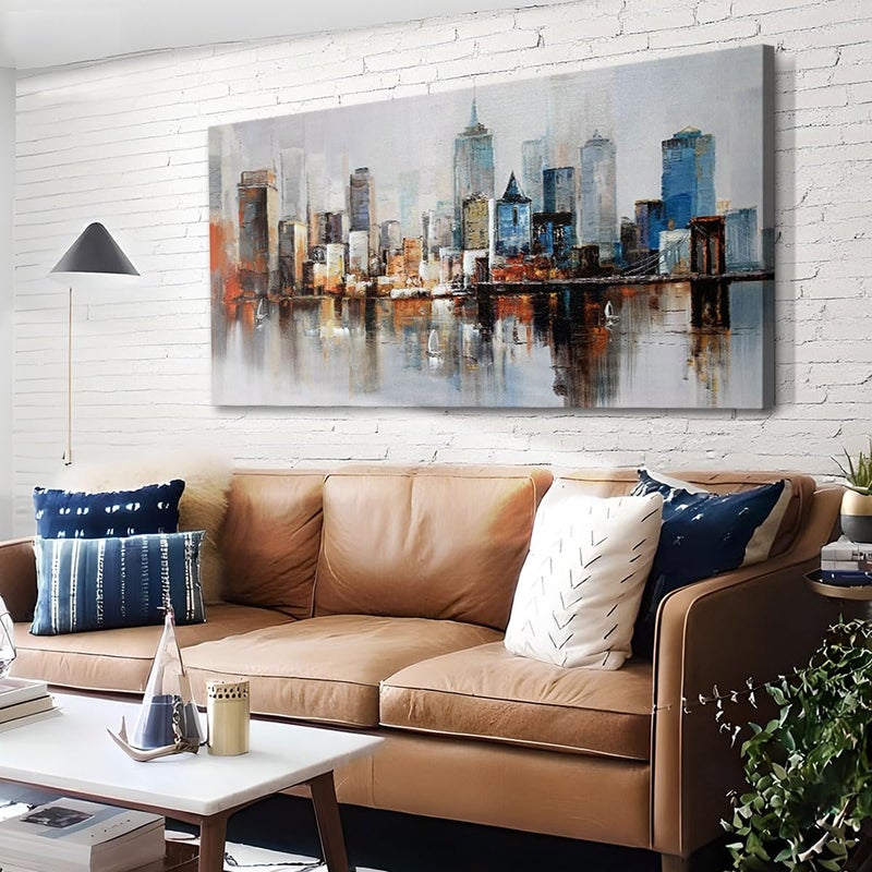 Arjun Brooklyn Bridge Wall Art Modern New York City Abstract Canvas Cityscape NY Painting Large Framed Colorful NYC Skyline Textured Picture for Living Room Bedroom Home Office Wall Decor, 48"x24" - Image 2
